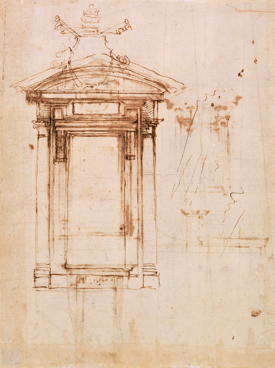 Építészeti tanulmány (barna tinta papíron barna mosással) (recto) alkotó: Michelangelo Buonarroti