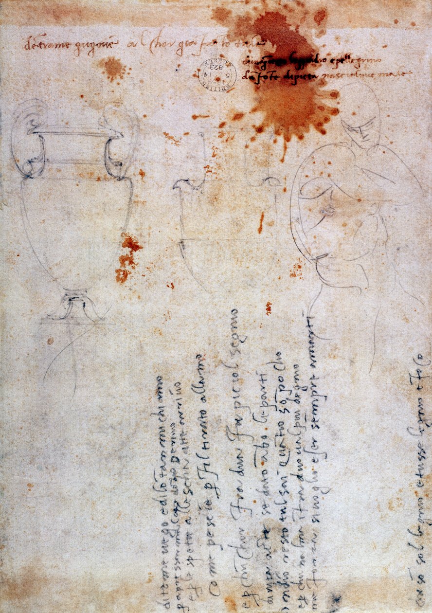 Urna és ábra rajza jegyzetekkel (barna tinta és ceruza papírra) (fordítva) alkotó: Michelangelo Buonarroti