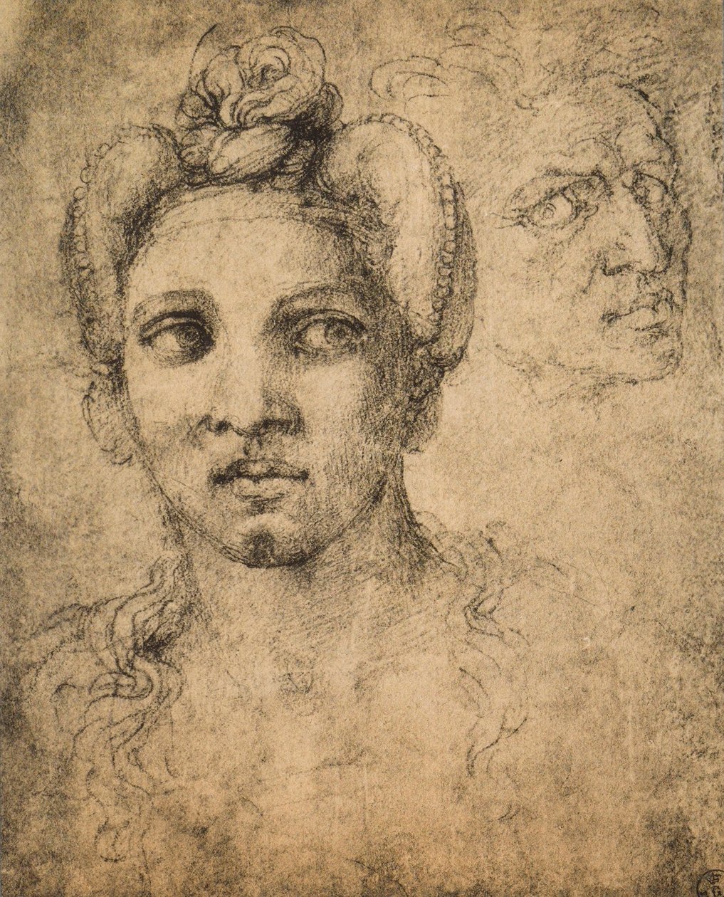 Női fej, Michelangelo rajza. Rajzok és nyomatok kabinetje, Uffizi, Firenze alkotó: Michelangelo Buonarroti