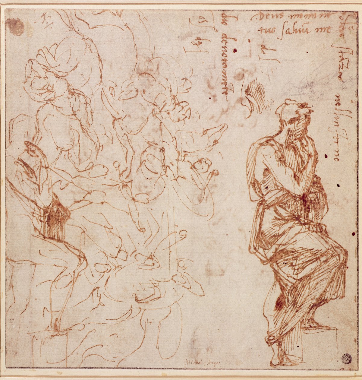 Ábratanulmányok nőnek (barna tinta papíron) alkotó: Michelangelo Buonarroti