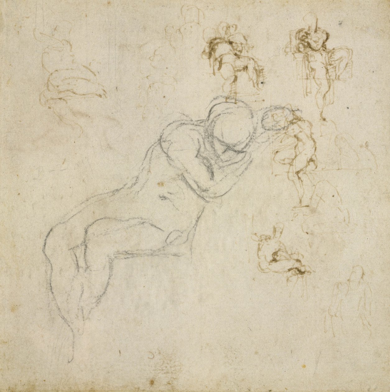 Ábratanulmány, 1511 körül (fekete kréta, toll és tinta papíron) alkotó: Michelangelo Buonarroti