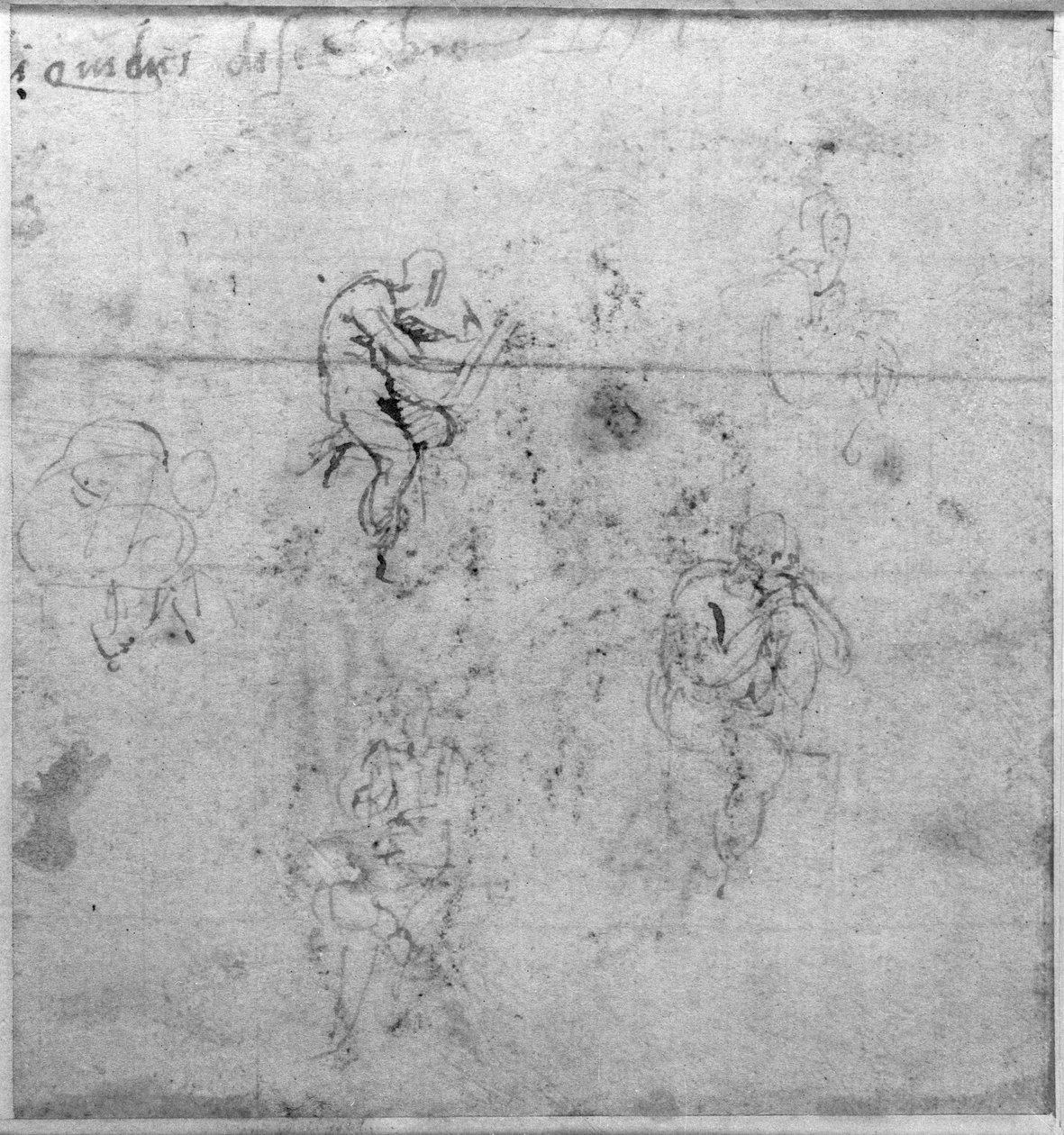Ábratanulmányok a Sixtus-kápolna mennyezetének lunetteihez, 1511 körül (toll és fekete kréta papíron) alkotó: Michelangelo Buonarroti