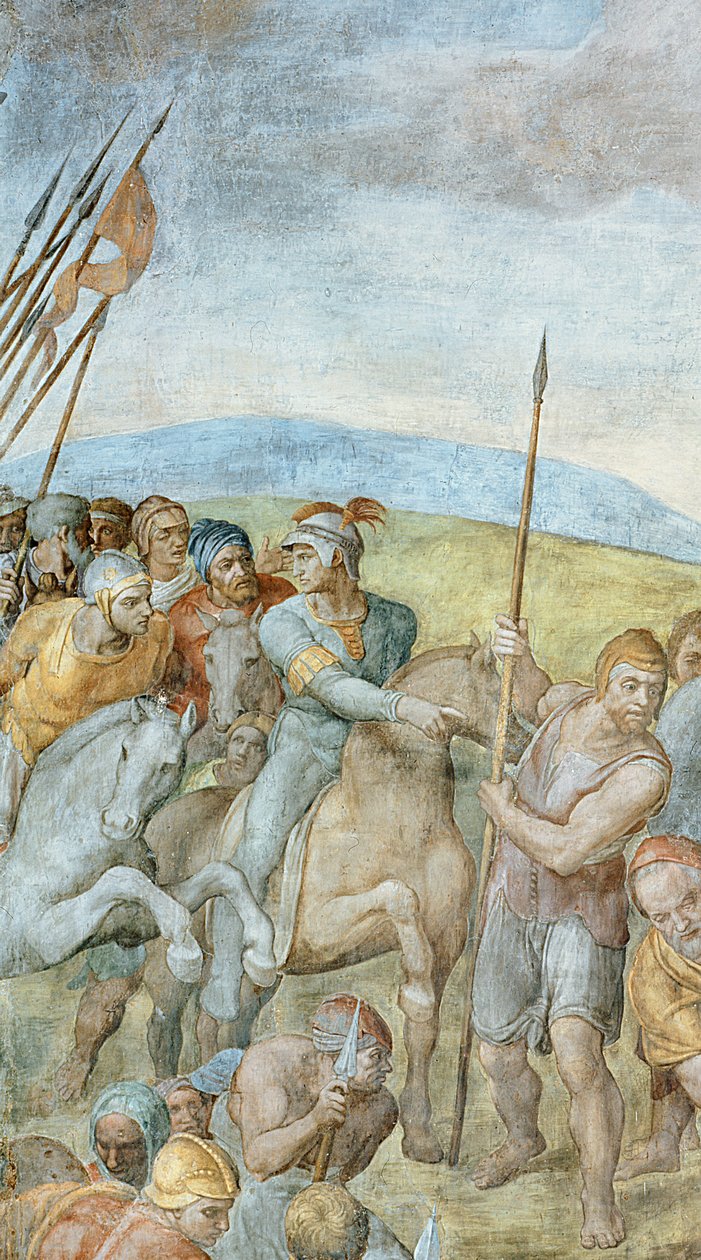 Római katonák csoportja vezetőjükkel a kereszten álló Szent Péter felé mutatva, Szent Péter keresztre feszítésének részlete, 1546-50 PHD 625 freskórészlet alkotó: Michelangelo Buonarroti