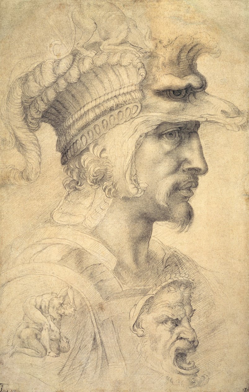 Ideális harcos fej (fekete kréta papíron) alkotó: Michelangelo Buonarroti
