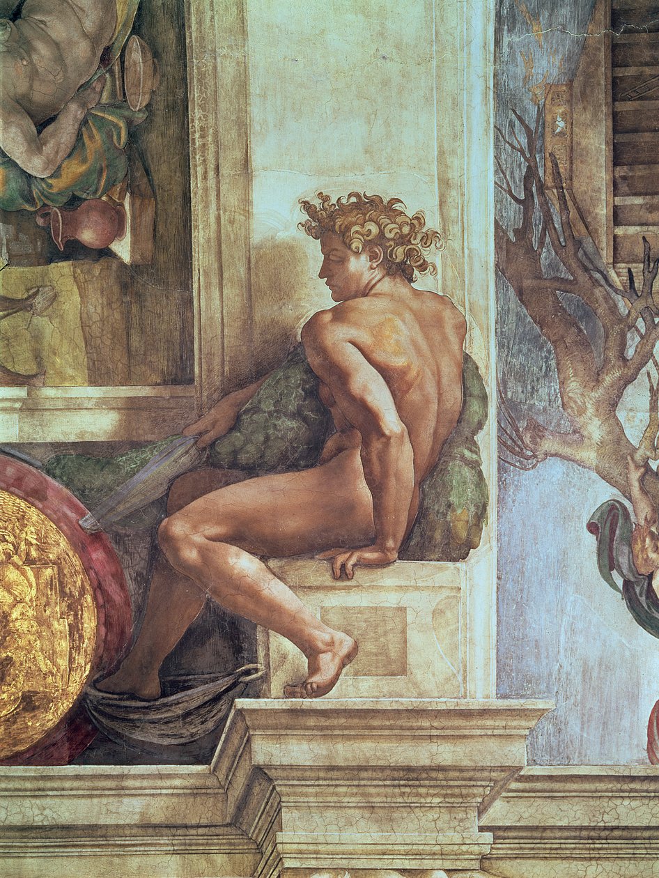 Ignudo a Sixtusi mennyezetről (restaurálás előtt) alkotó: Michelangelo Buonarroti