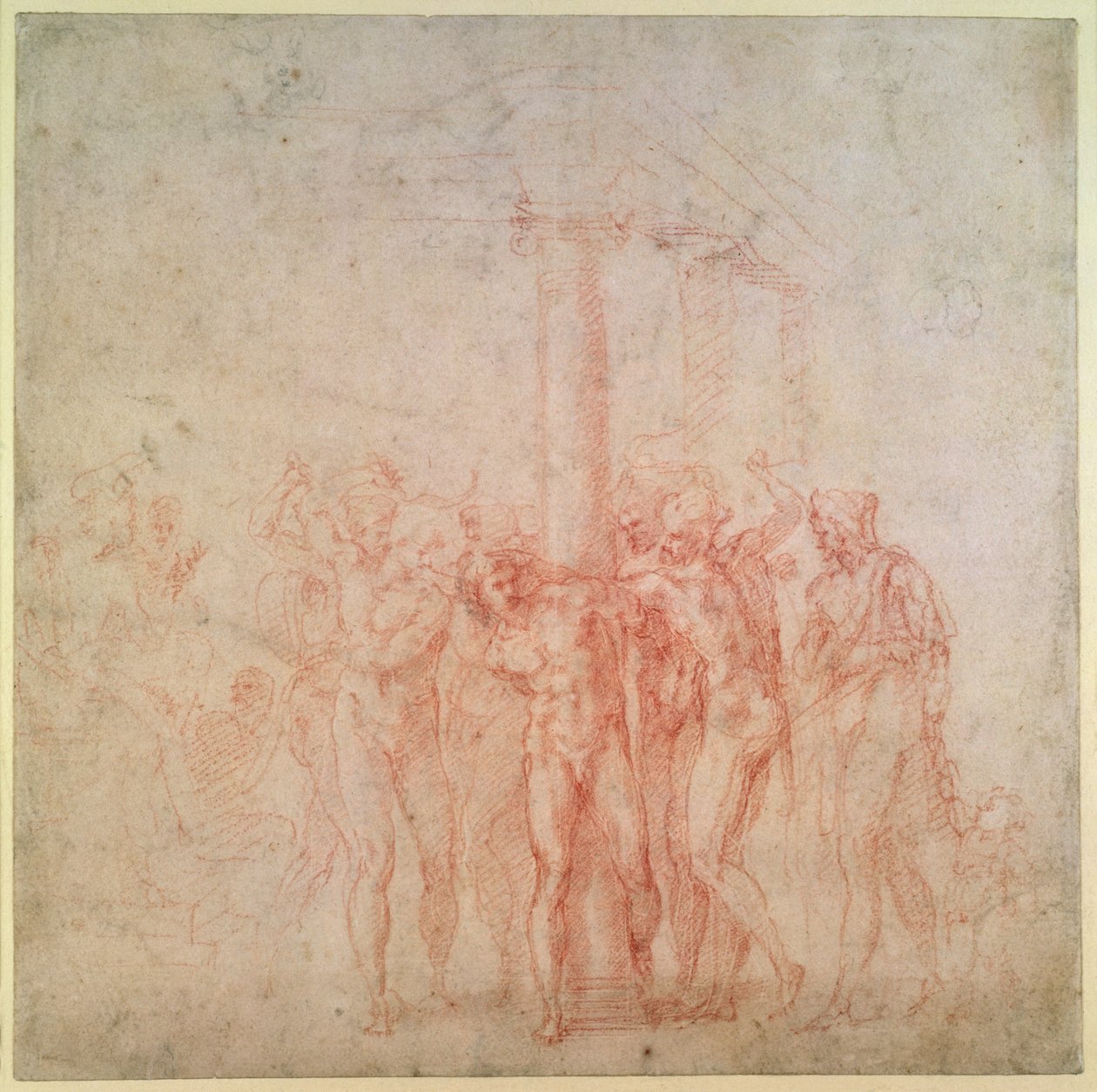 Inv. 1895 6-15-500. R. (W.15) Krisztus korbácsolása (piros kréta papíron) alkotó: Michelangelo Buonarroti