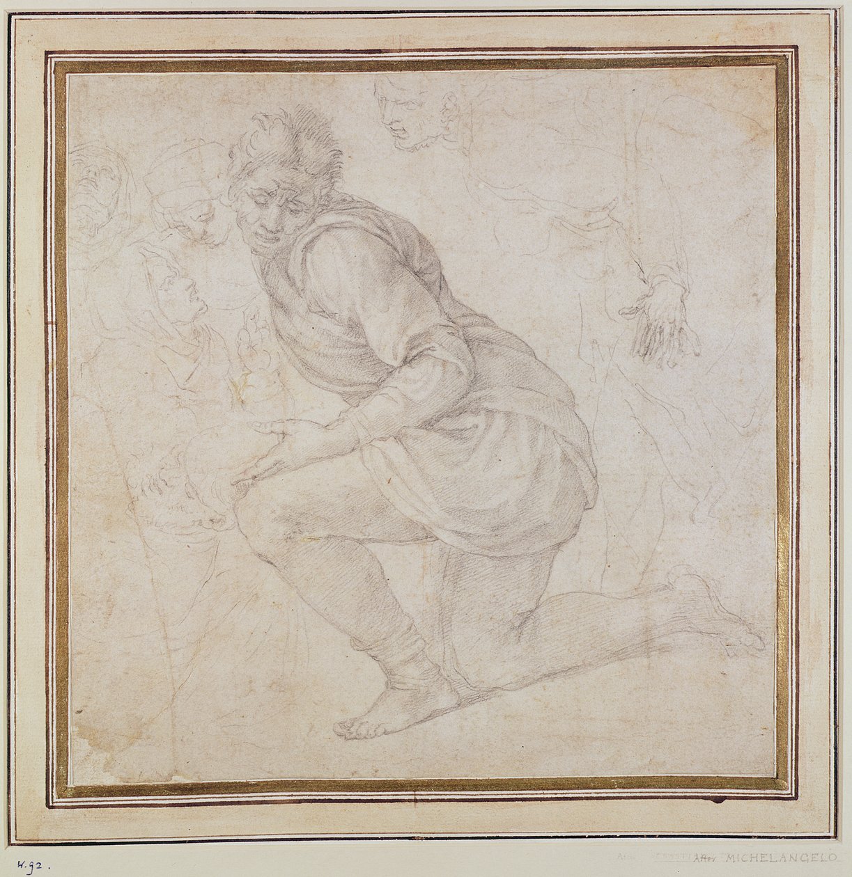 Inv. 5211-75 Fawkener Recto (W.92) Térdelő férfi (rajz) alkotó: Michelangelo Buonarroti