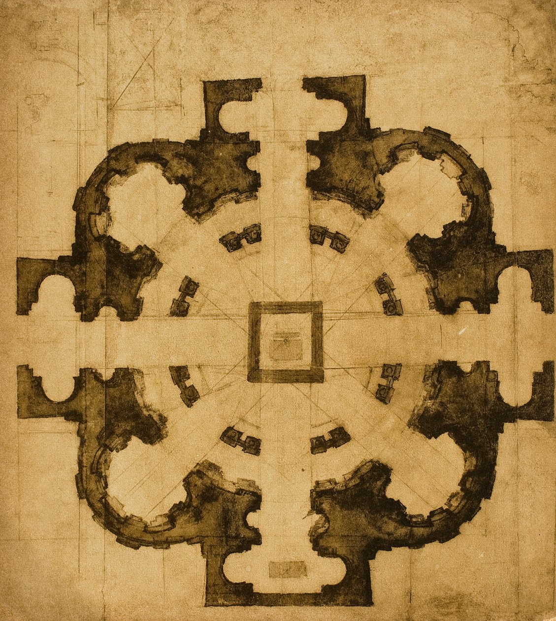 Egy templom terve vagy projektje, Michelangelo rajza. Casa Buonarroti, Firenze alkotó: Michelangelo Buonarroti