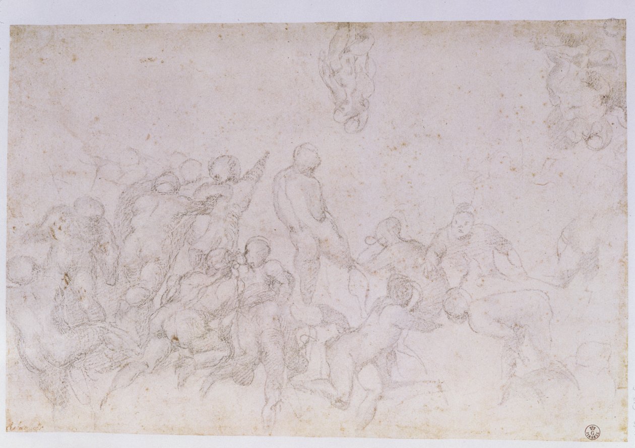 A "Cascina-i csata" előkészítő vázlata és két további vázlat (szén, papír) (lásd még 18057 és 49880) alkotó: Michelangelo Buonarroti