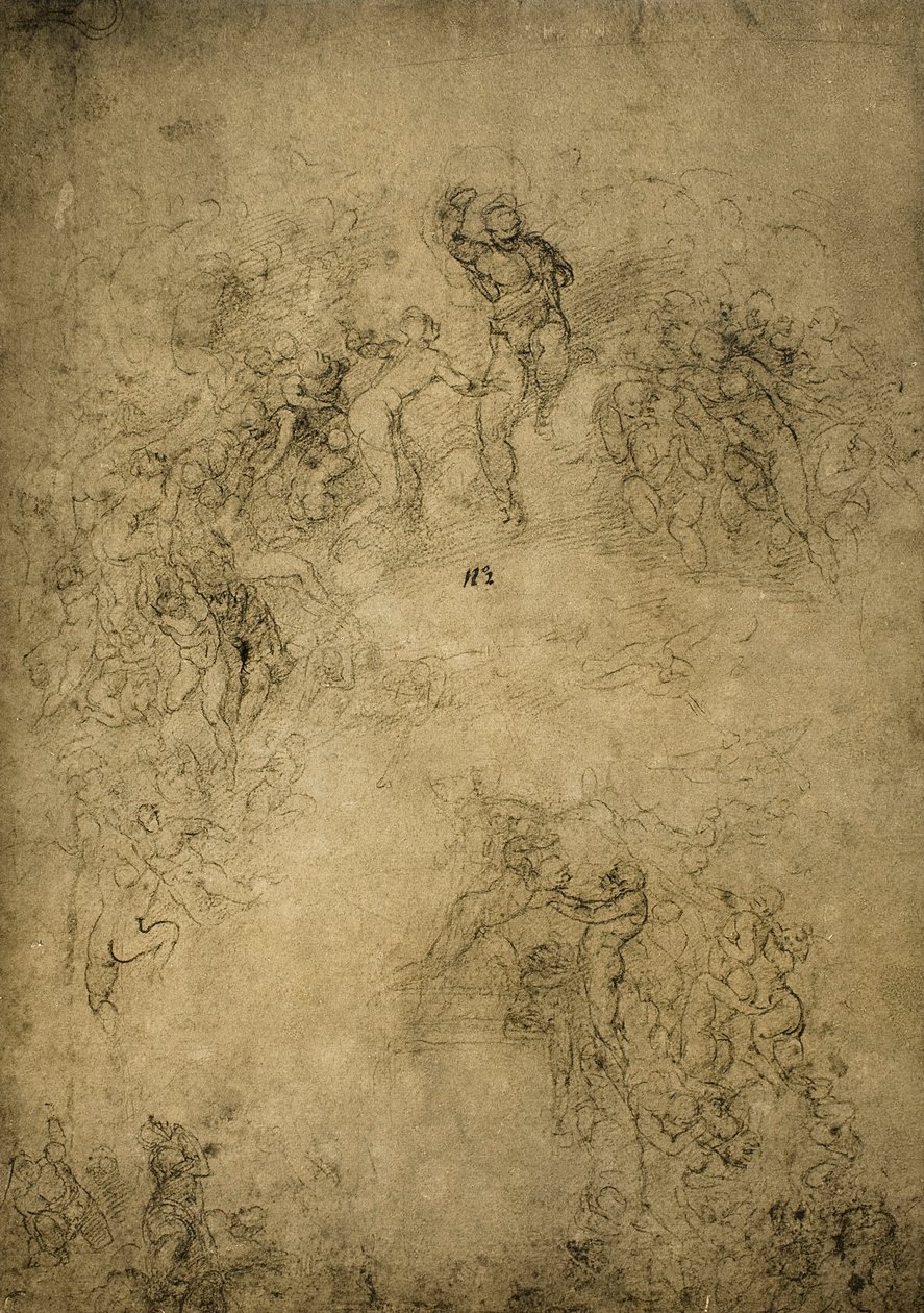 Előkészítő vázlat az utolsó ítélethez a Sixtus-kápolnában; Michelangelo rajza. Casa Buonarroti, Firenze alkotó: Michelangelo Buonarroti