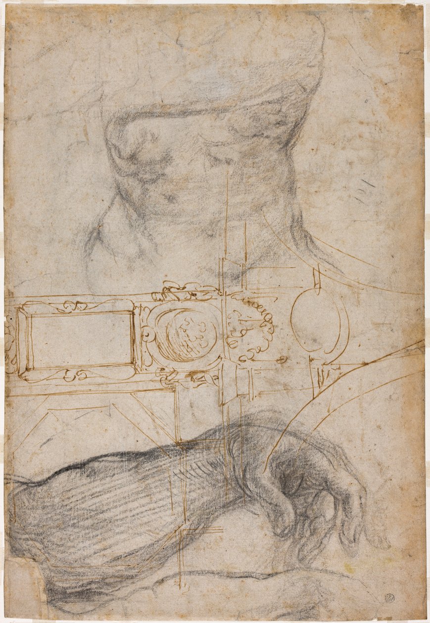 A Sixtus-kápolna mennyezetének díszítési sémája, 1508 körül (toll és barna tinta és fekete kréta krémszínű papíron) alkotó: Michelangelo Buonarroti