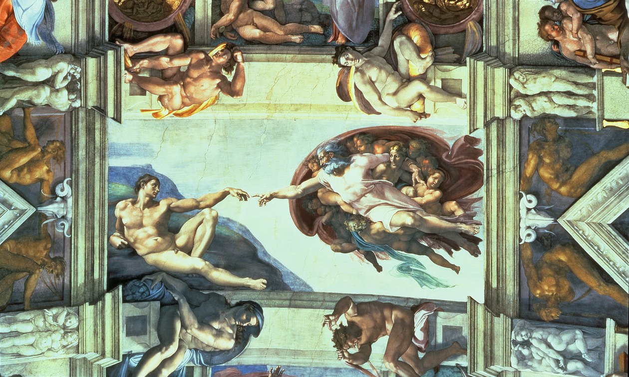 A Sixtus-kápolna mennyezete: Ádám teremtése, 1510 (restaurálás után) alkotó: Michelangelo Buonarroti