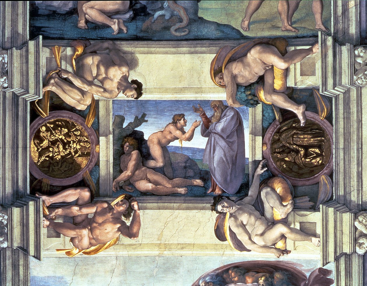 Sixtus-kápolna mennyezete: Éva teremtése, négy Ignudival, 1510 (restaurálás után) alkotó: Michelangelo Buonarroti