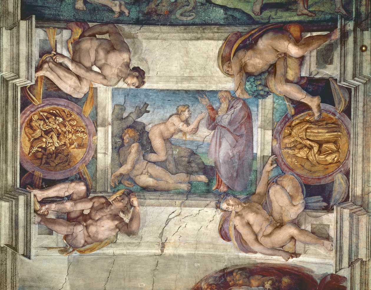 A Sixtus-kápolna mennyezete: Éva teremtése, négy Ignudival, 1510 (restaurálás előtt) alkotó: Michelangelo Buonarroti