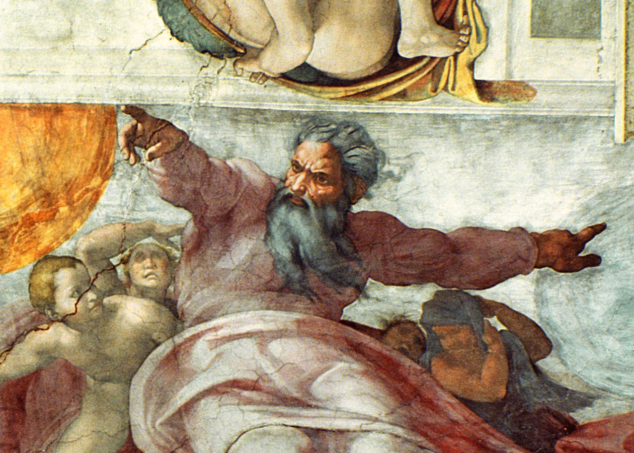 A Sixtus-kápolna mennyezete: A Nap és a Hold teremtése, 1508-12 (183097. részlet) alkotó: Michelangelo Buonarroti