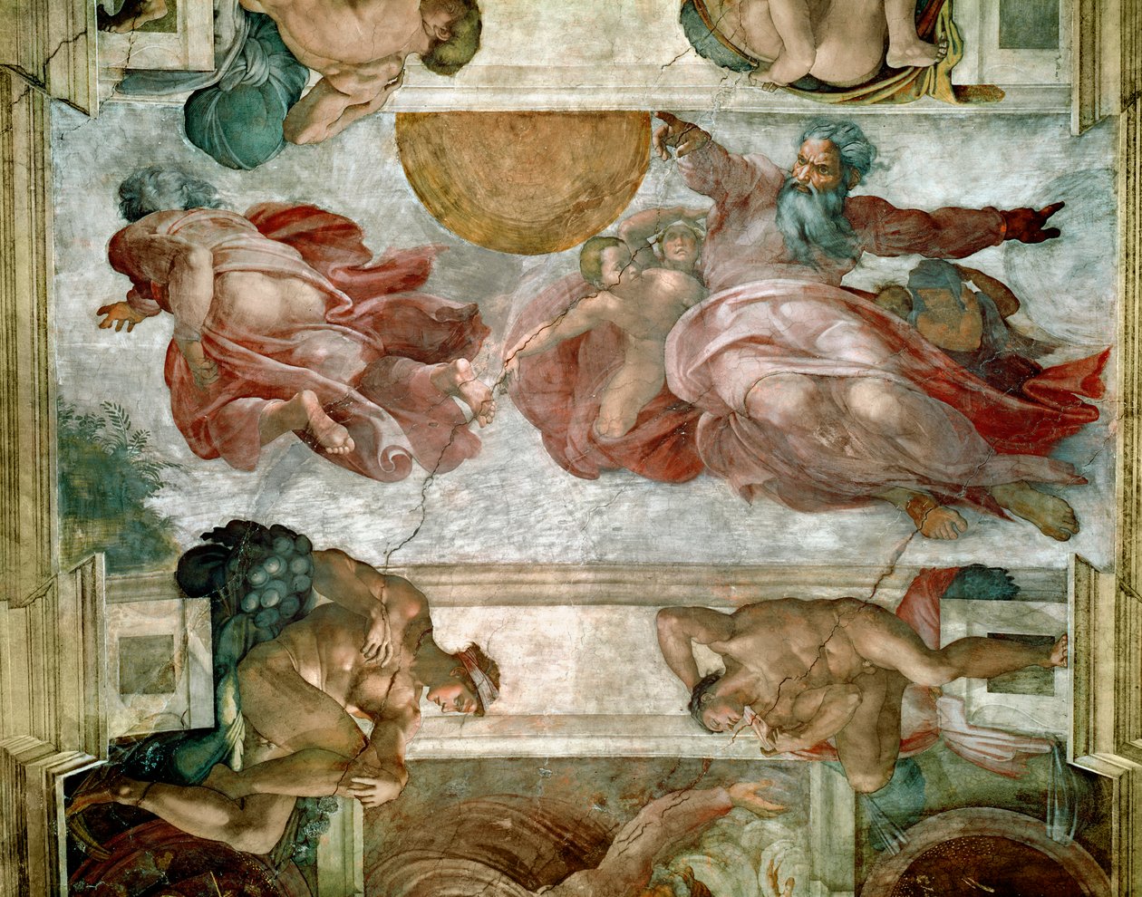Sixtus-kápolna mennyezete: A Nap és a Hold teremtése, 1508-12 alkotó: Michelangelo Buonarroti