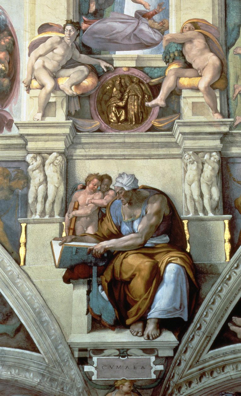 Sixtus-kápolna mennyezete: 76588 restaurálás utáni részlete: Kumai Sibylla, 1510-es freskó alkotó: Michelangelo Buonarroti