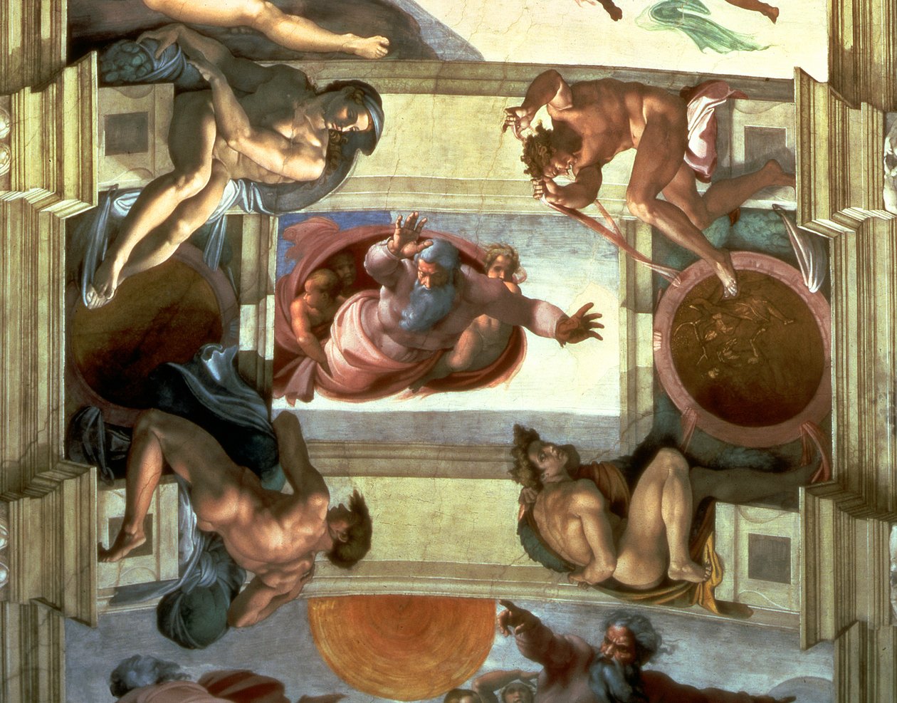 A Sixtus-kápolna mennyezete: Isten elválasztja a földet a tengertől, négy Ignudival, 1510 (restaurálás után) alkotó: Michelangelo Buonarroti