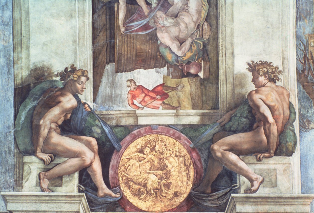 Sixtus-kápolna mennyezete: Ignudi (restaurálás előtt) alkotó: Michelangelo Buonarroti