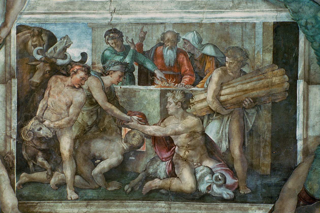 A Sixtus-kápolna mennyezete: Noé az özönvíz után (helyreállítás előtt) alkotó: Michelangelo Buonarroti
