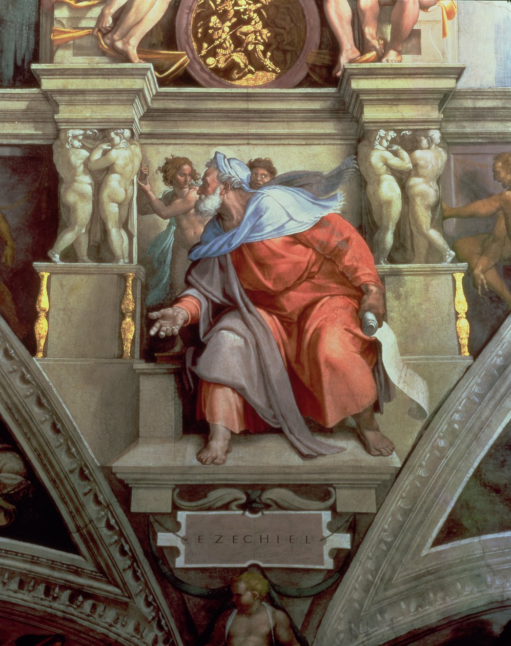 Sixtus-kápolna mennyezete: Ezékiel próféta, 1510 (restaurálás után) alkotó: Michelangelo Buonarroti