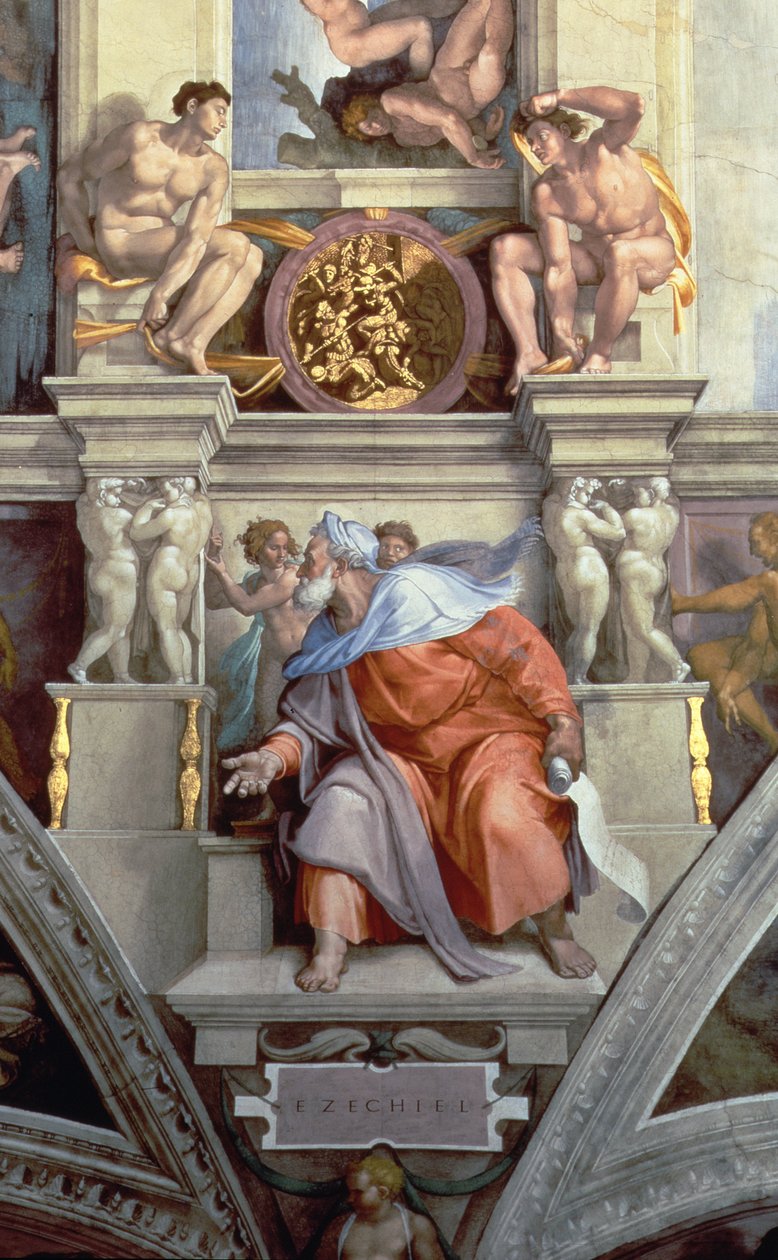 Sixtus-kápolna mennyezete: 1510-es freskó, 76588 restaurálás utáni részlete: Ezékiel próféta. alkotó: Michelangelo Buonarroti