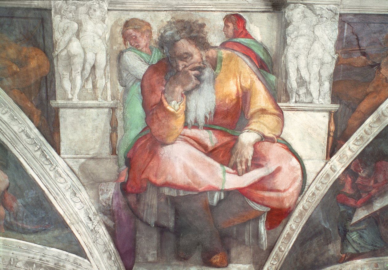 A Sixtus-kápolna mennyezete: Jeremiás próféta (restaurálás előtt) alkotó: Michelangelo Buonarroti