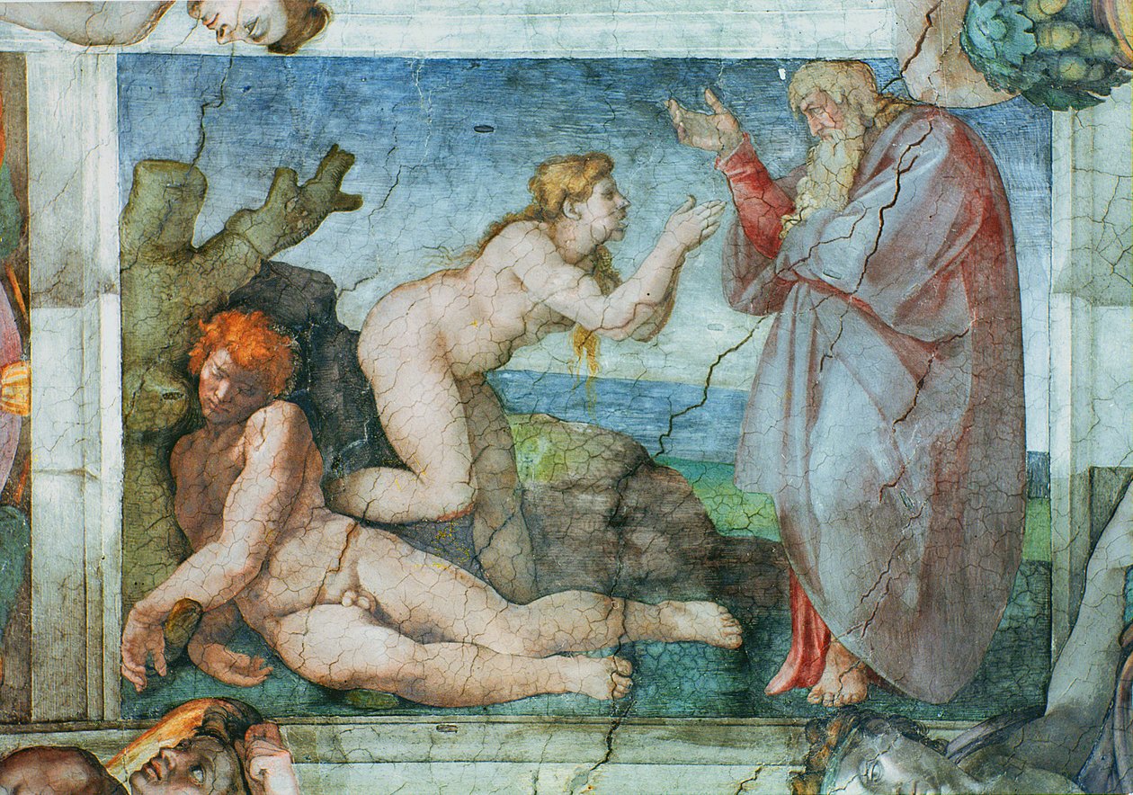 A Sixtus-kápolna mennyezete: Előeste teremtése, négy Ignudival, 1511 (restaurálás előtt) alkotó: Michelangelo Buonarroti