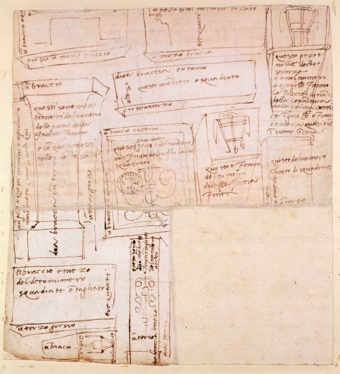 Vázlat a szobrokhoz készült márványtömbökről jegyzetekkel (barna tinta papíron) (fordítva) alkotó: Michelangelo Buonarroti
