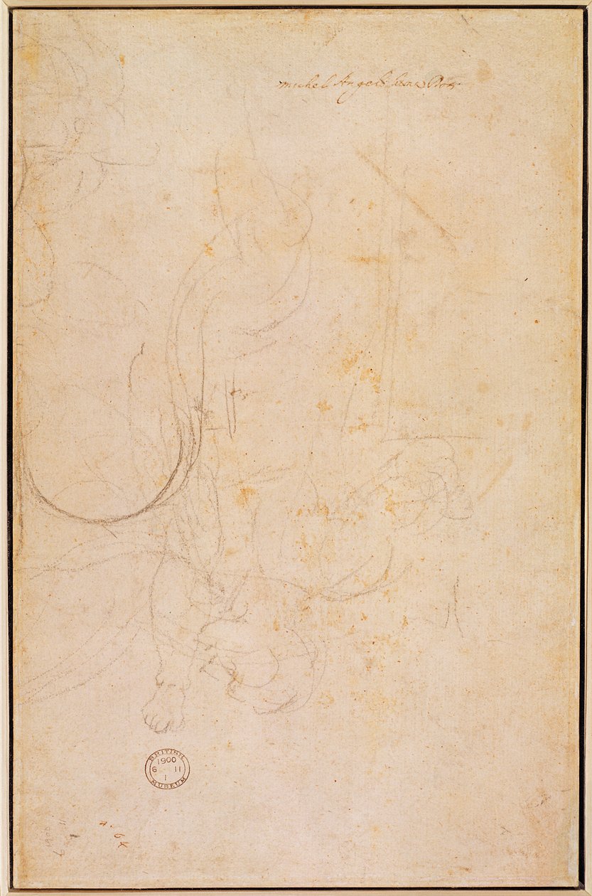 Vázlat egy alakról művész aláírásával (szén a papíron) (fordítva) alkotó: Michelangelo Buonarroti