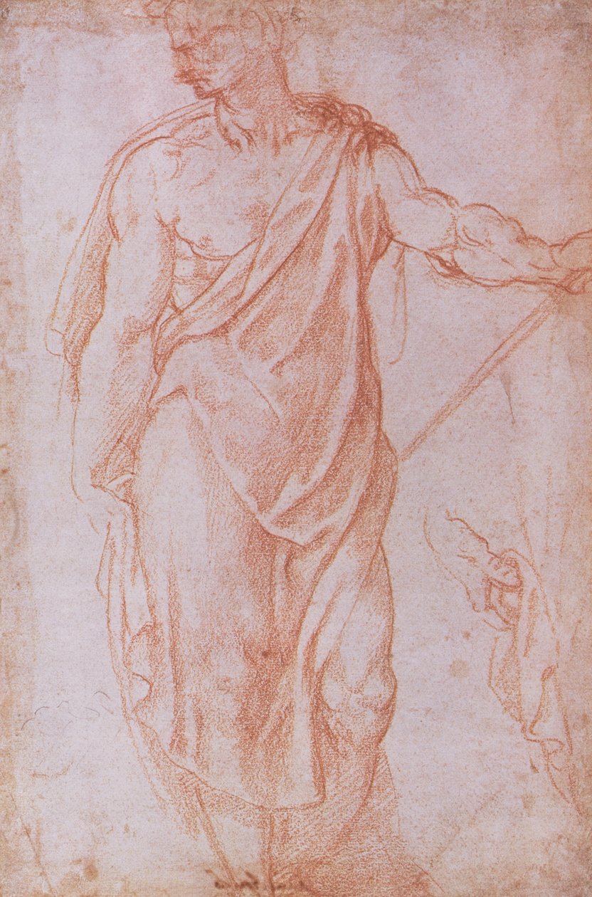 Vázlat egy botot tartó férfiról és egy kézi dolgozószoba (piros kréta papíron) alkotó: Michelangelo Buonarroti