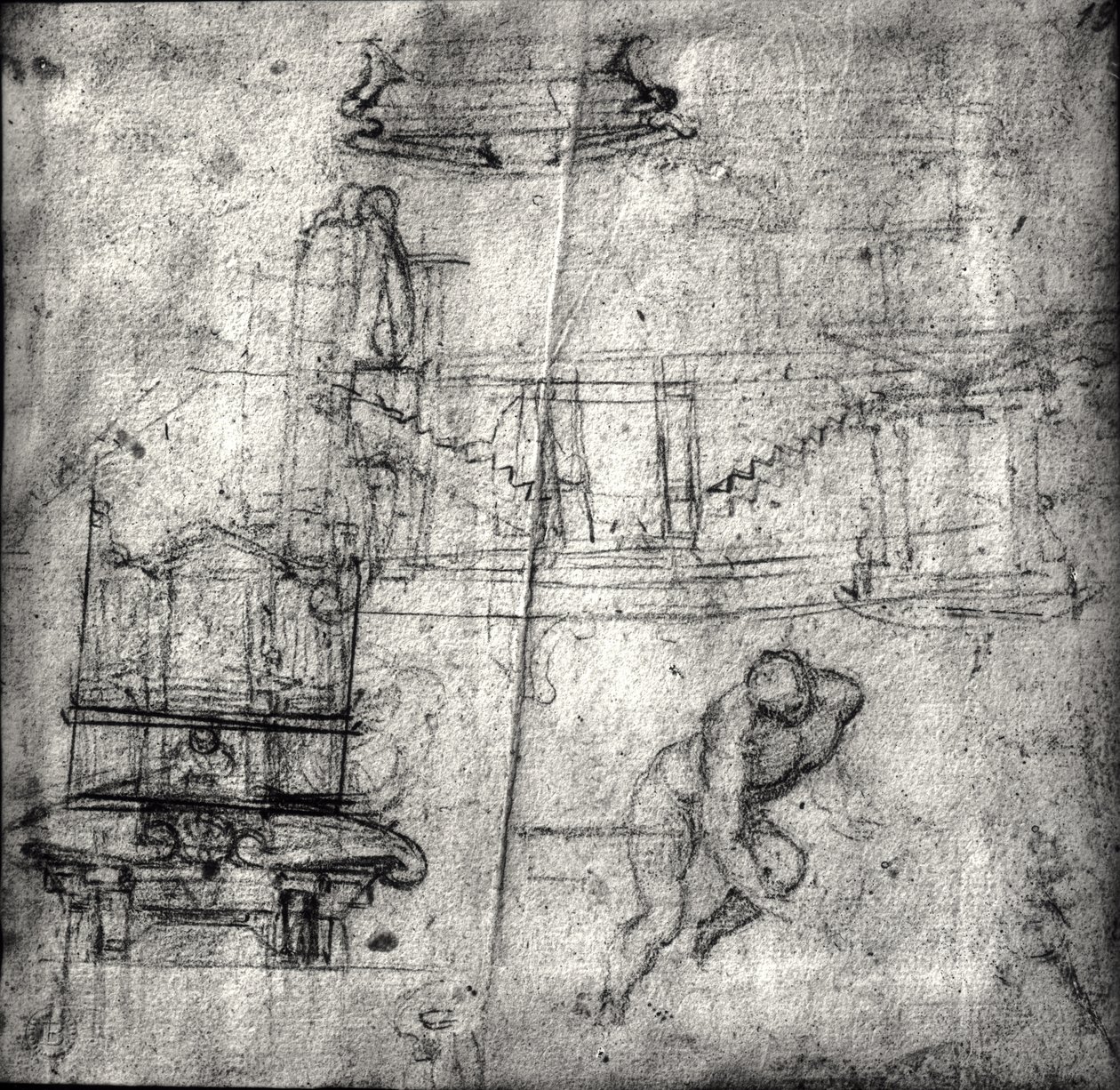 Vázlat építészeti tanulmányokkal és egy férfi akttal alkotó: Michelangelo Buonarroti