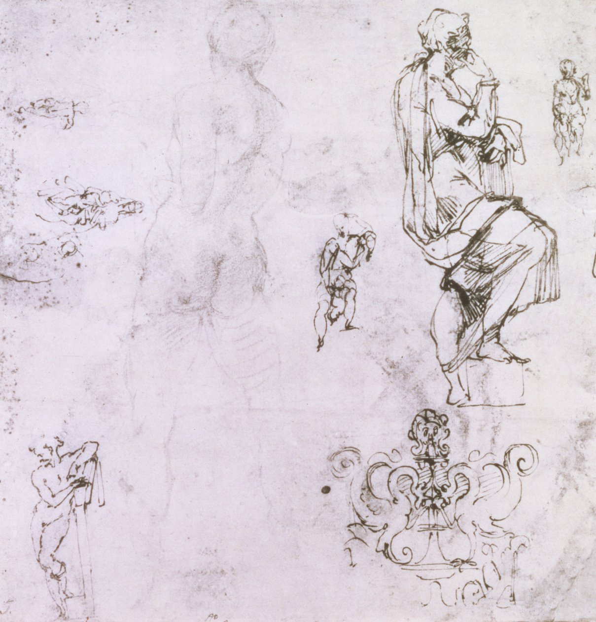 Vázlatok férfi aktokról, madonnáról és gyermekről, valamint dekoratív emblémáról (toll, tinta és szén papíron) alkotó: Michelangelo Buonarroti