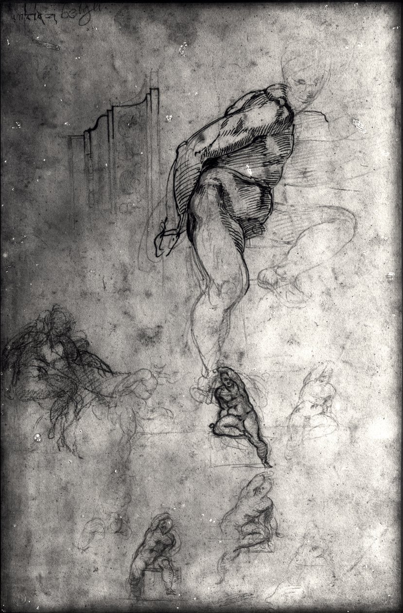 Tanulmányok a Sixtus-i mennyezet figuráihoz (toll, tinta és ceruza papíron) alkotó: Michelangelo Buonarroti