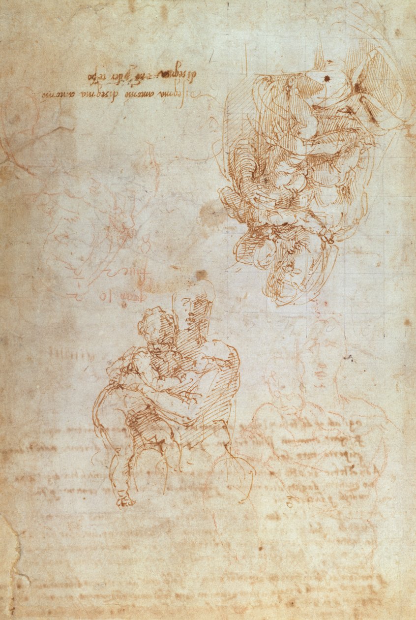 Tanulmányok Madonnáról és gyermekéről (tinta papíron) alkotó: Michelangelo Buonarroti