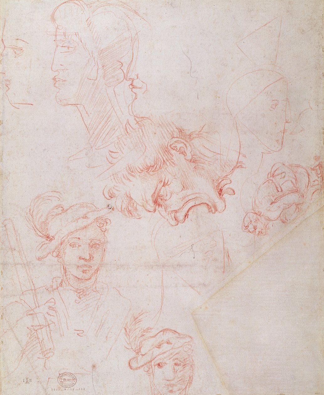 Tanulmányok a fejekről, 1508-12d (piros kréta papíron) (fordítva) alkotó: Michelangelo Buonarroti