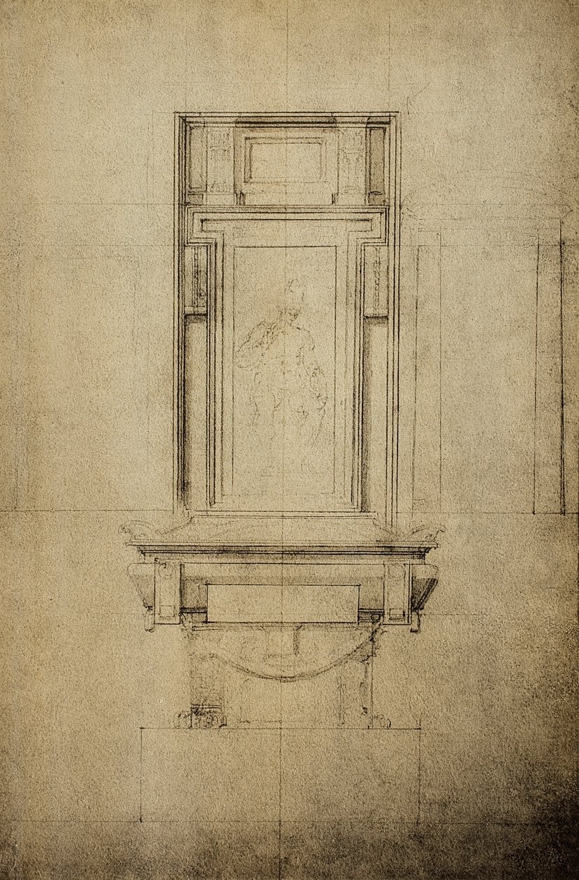 Tanulmány a San Lorenzo-bazilika Medici-kápolnájának egyik műemlékéhez; Michelangelo rajza. Casa Buonarroti, Firenze alkotó: Michelangelo Buonarroti