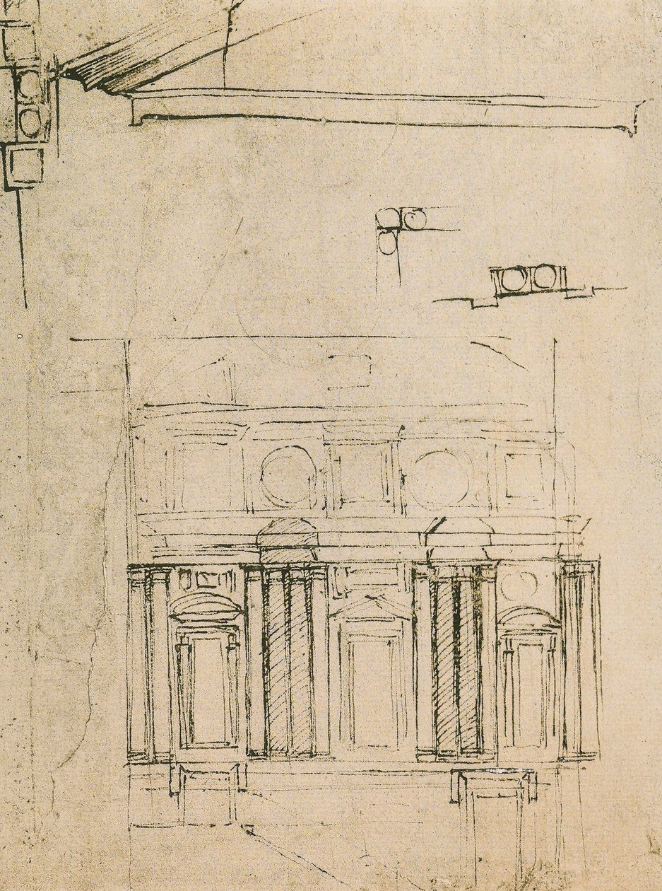 Tanulmány a Laurentian Library ricettójának homlokzatához, Michelangelo rajza. Casa Buonarroti, Firenze alkotó: Michelangelo Buonarroti
