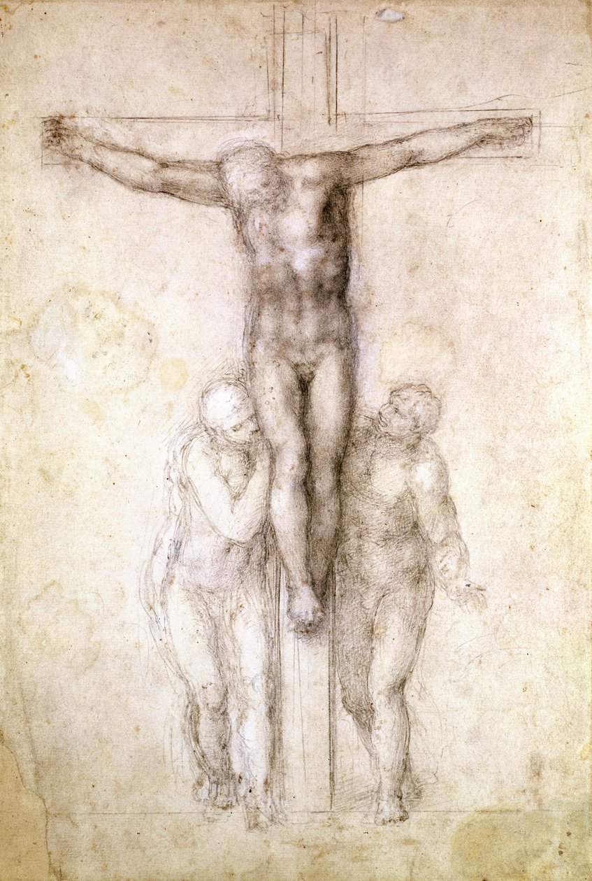 Tanulmány Krisztus kereszten a Szűzanya és Szent János evangélista között (fekete kréta papíron) (recto) alkotó: Michelangelo Buonarroti