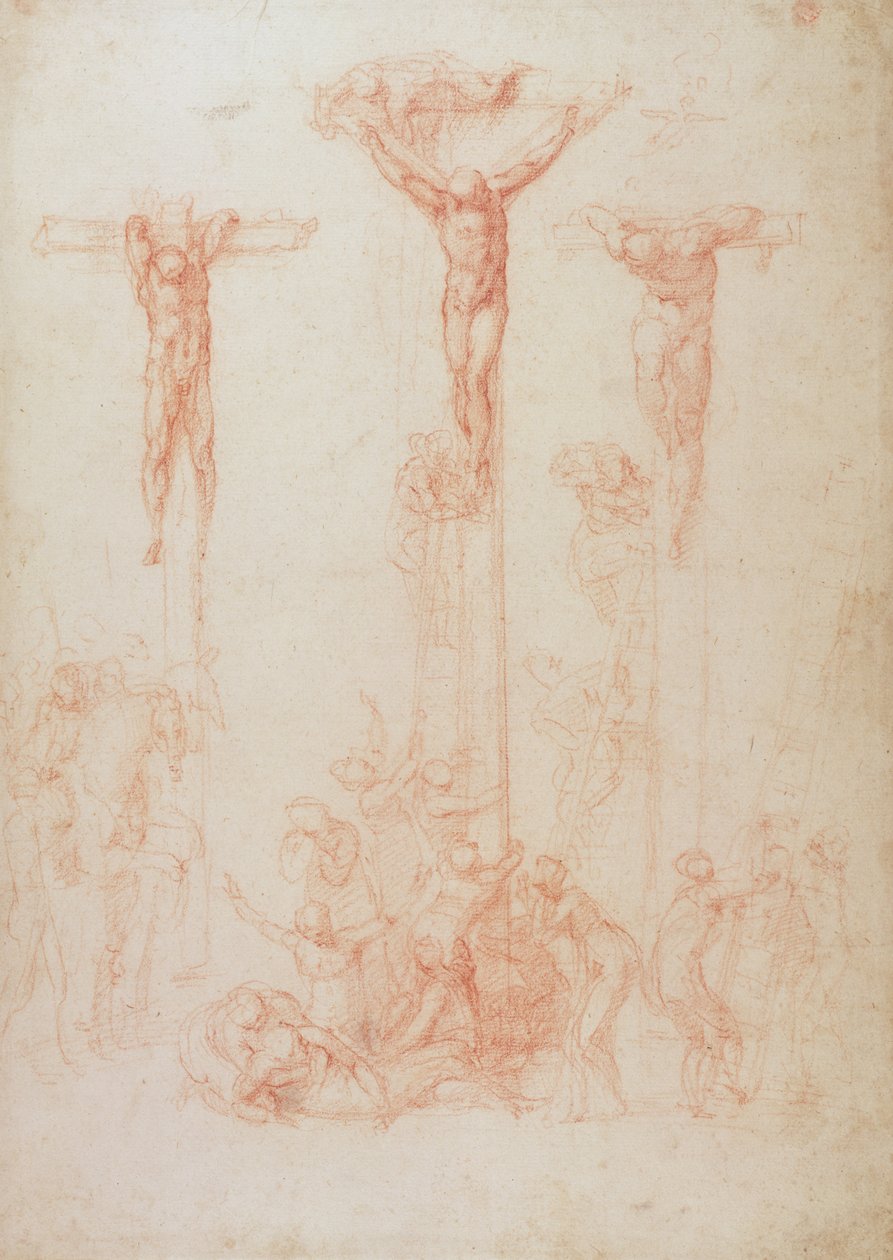 Tanulmány a három keresztről (piros kréta papíron) alkotó: Michelangelo Buonarroti