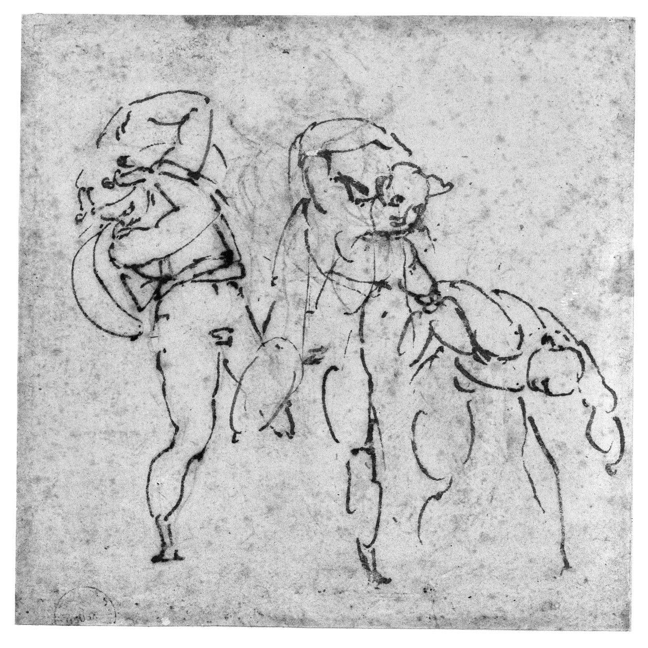 Study of Three Figures, 1517-20 körül (tollal és barna tintával a vezetőponton, törtfehér papíron) alkotó: Michelangelo Buonarroti