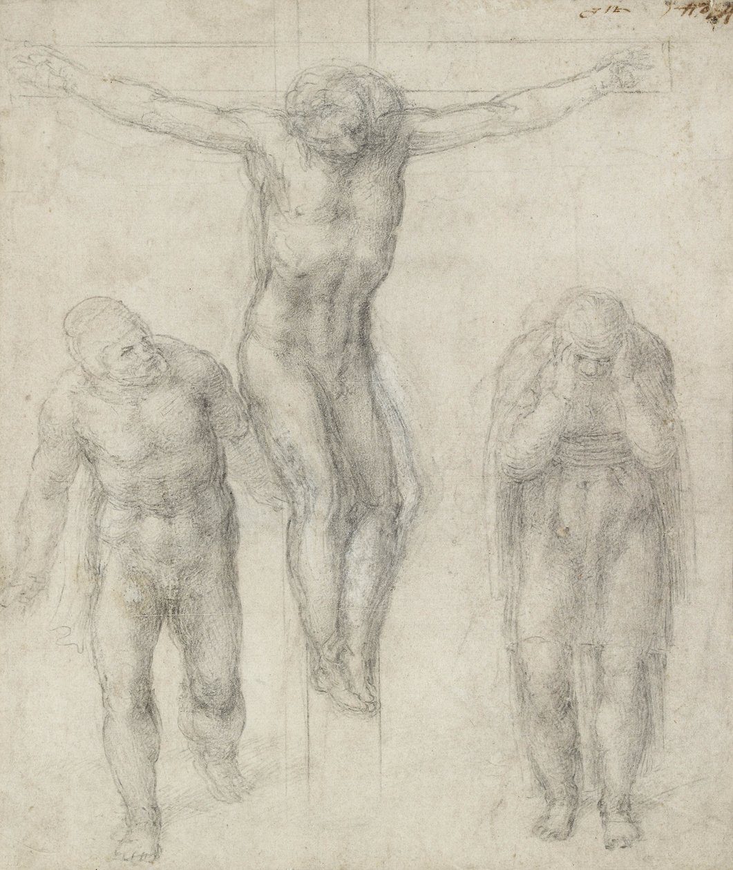 Tanulmány a megfeszített Krisztusról és két figuráról, 1560 körül (kréta papíron) alkotó: Michelangelo Buonarroti