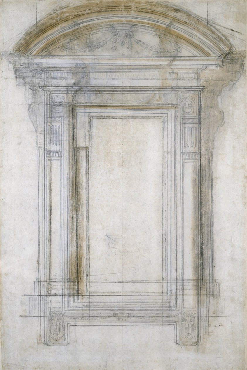 Tanulmány egy ablakról félköríves oromzattal, 1546 körül (fekete kréta és mosás papíron) alkotó: Michelangelo Buonarroti