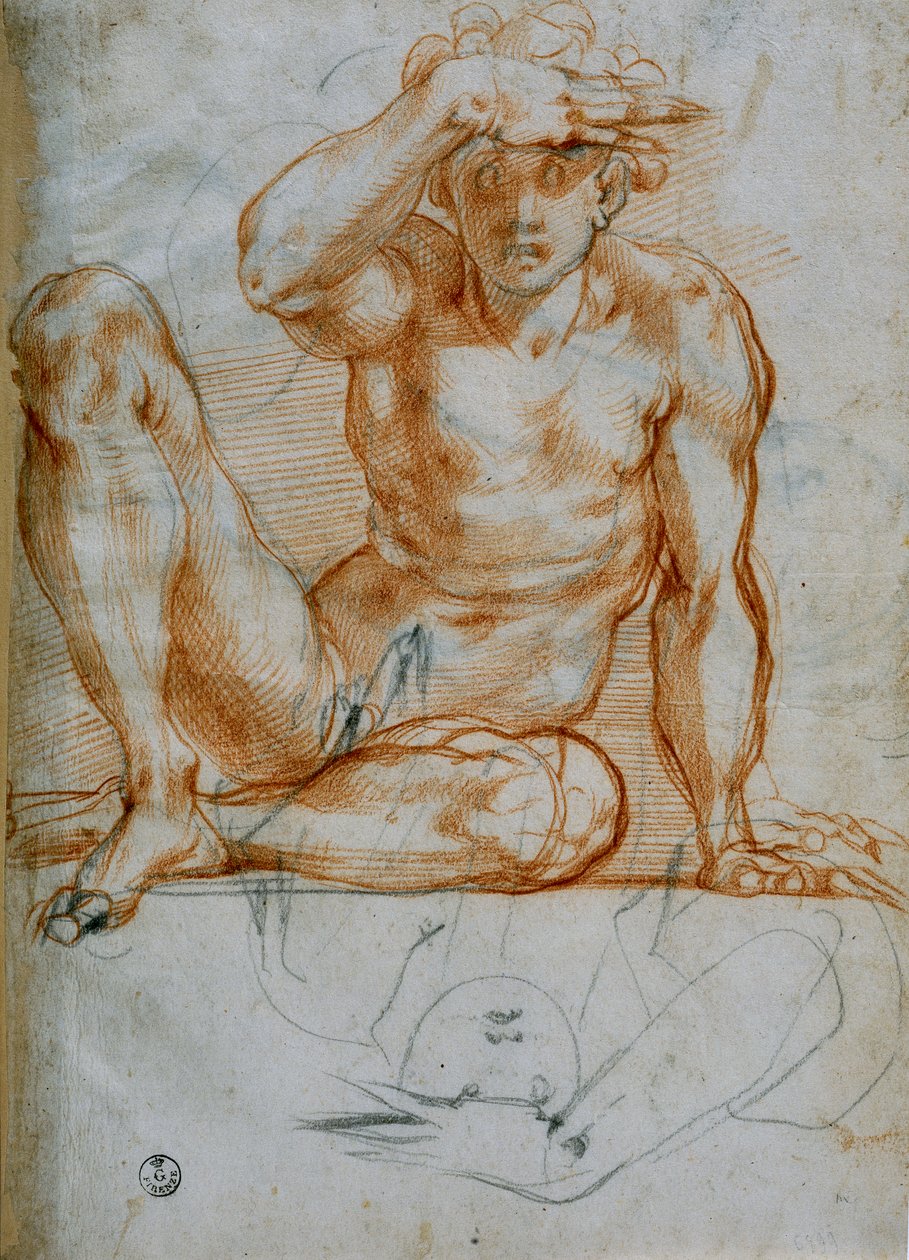 Tanulmány egy aktról, amely a kezével árnyékot készít (6599 F), piros ceruza papíron, Michelangelo Buonarroti (1475-1564), Rajz- és nyomatszekrény, Uffizi Galéria, Firenze alkotó: Michelangelo Buonarroti