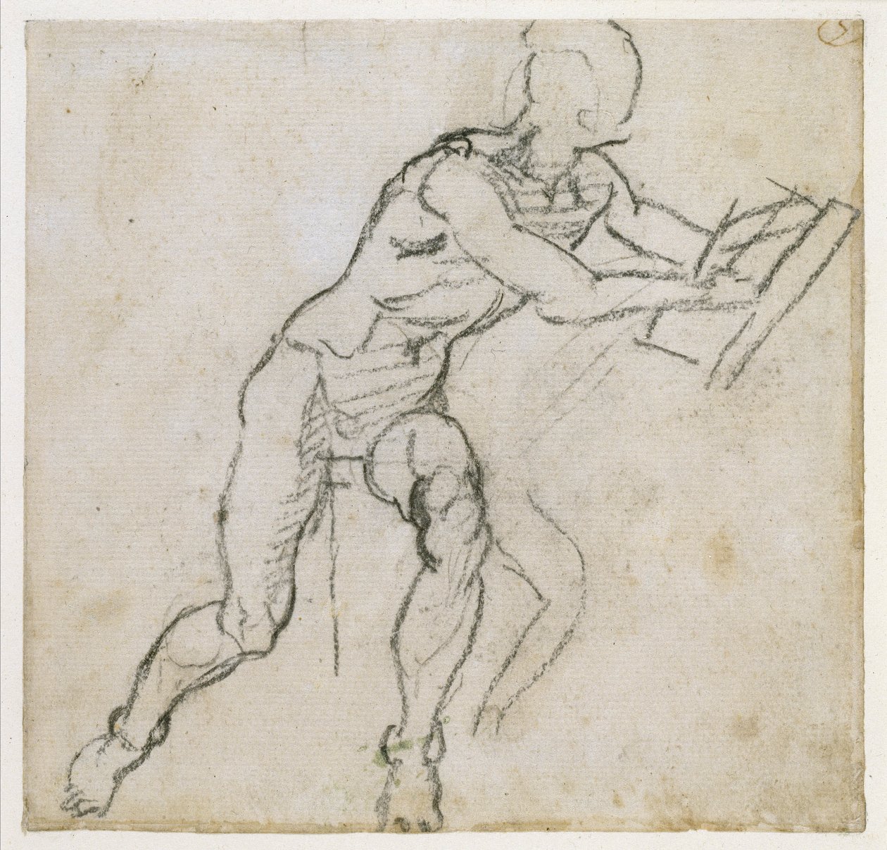 Tanulmány egy ülő férfi aktról, 1511 körül (fekete kréta papíron) alkotó: Michelangelo Buonarroti