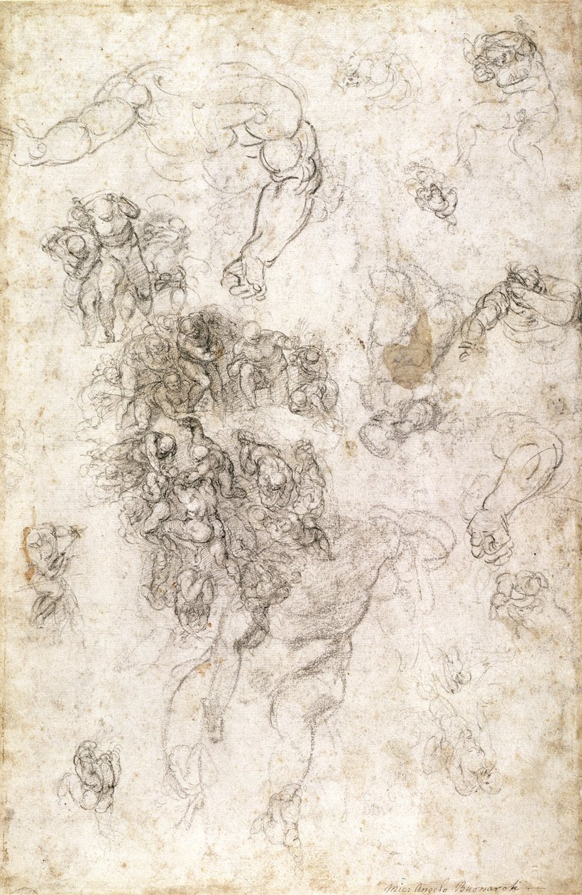 Tanulmány az „Utolsó ítélet” figuráiról művész aláírásával, 1536-41 (szén papíron) (recto) alkotó: Michelangelo Buonarroti