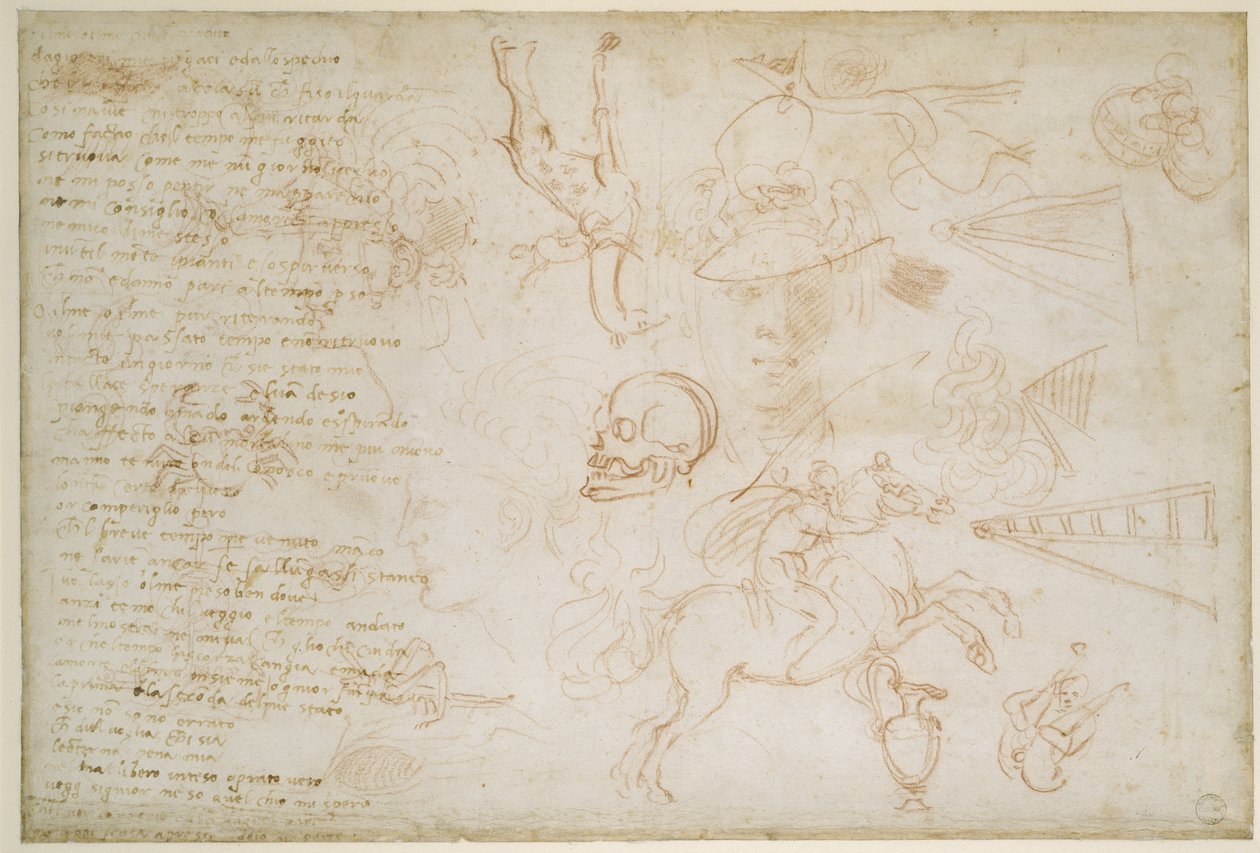 Tanulmány fejekről és állatokról, 1525 körül (piros kréta és toll papíron) alkotó: Michelangelo Buonarroti