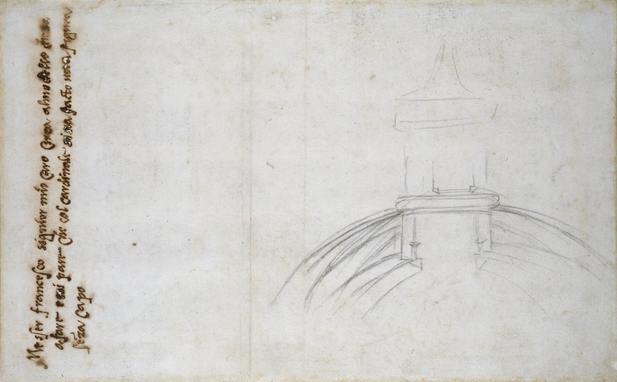 Tanulmány a Szent Péter-lámpásról, 1557 (fekete kréta, toll és tinta papíron) alkotó: Michelangelo Buonarroti
