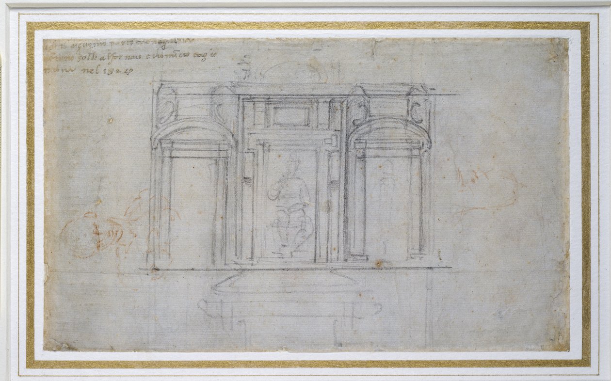 A Medici-sírkamra felső szintjének tanulmánya, 15201 (fekete és vörös kréta, papír) alkotó: Michelangelo Buonarroti