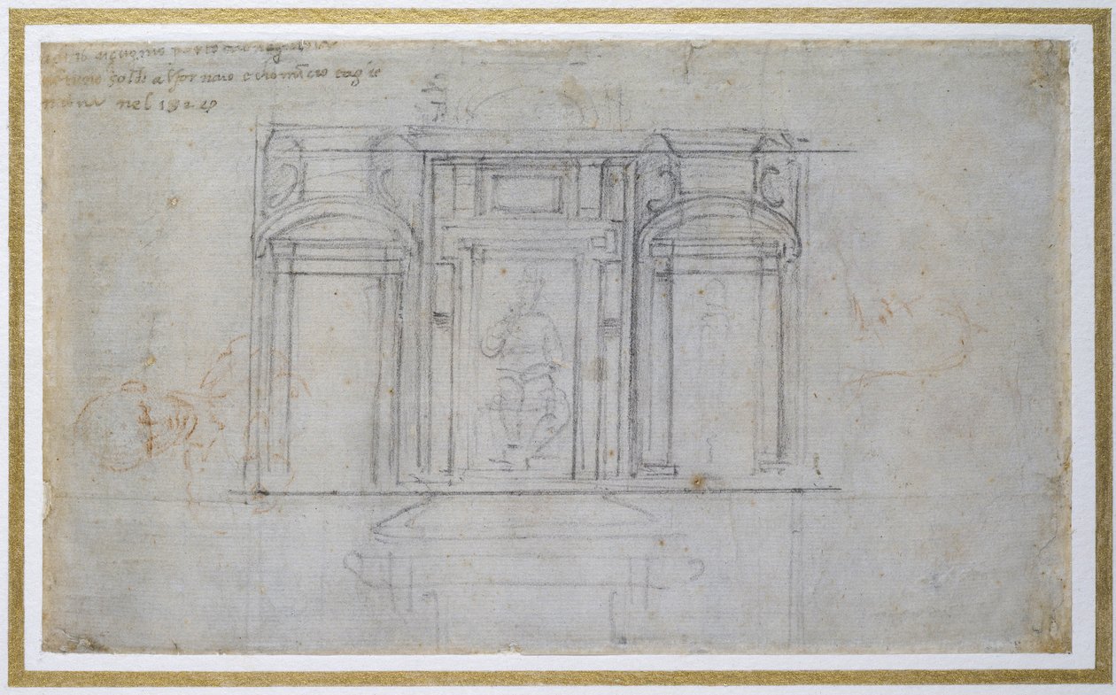 A Medici-sírkamra felső szintjének tanulmánya, 1520 körül (fekete és vörös kréta, papír) alkotó: Michelangelo Buonarroti